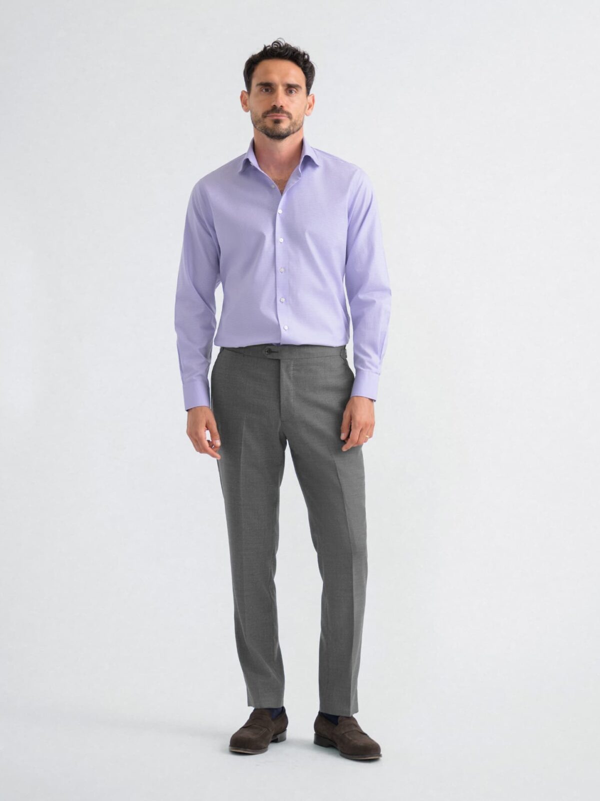 light purple shirt with grey pants