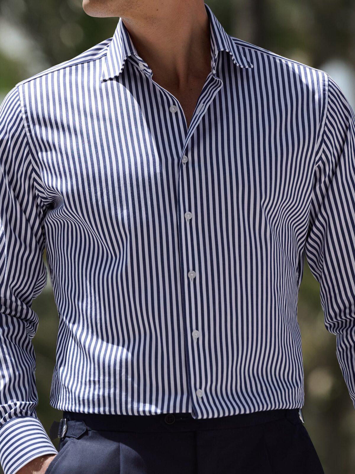The Stanton Broadcloth Dress Shirt in Navy Wide Bengal Stripe