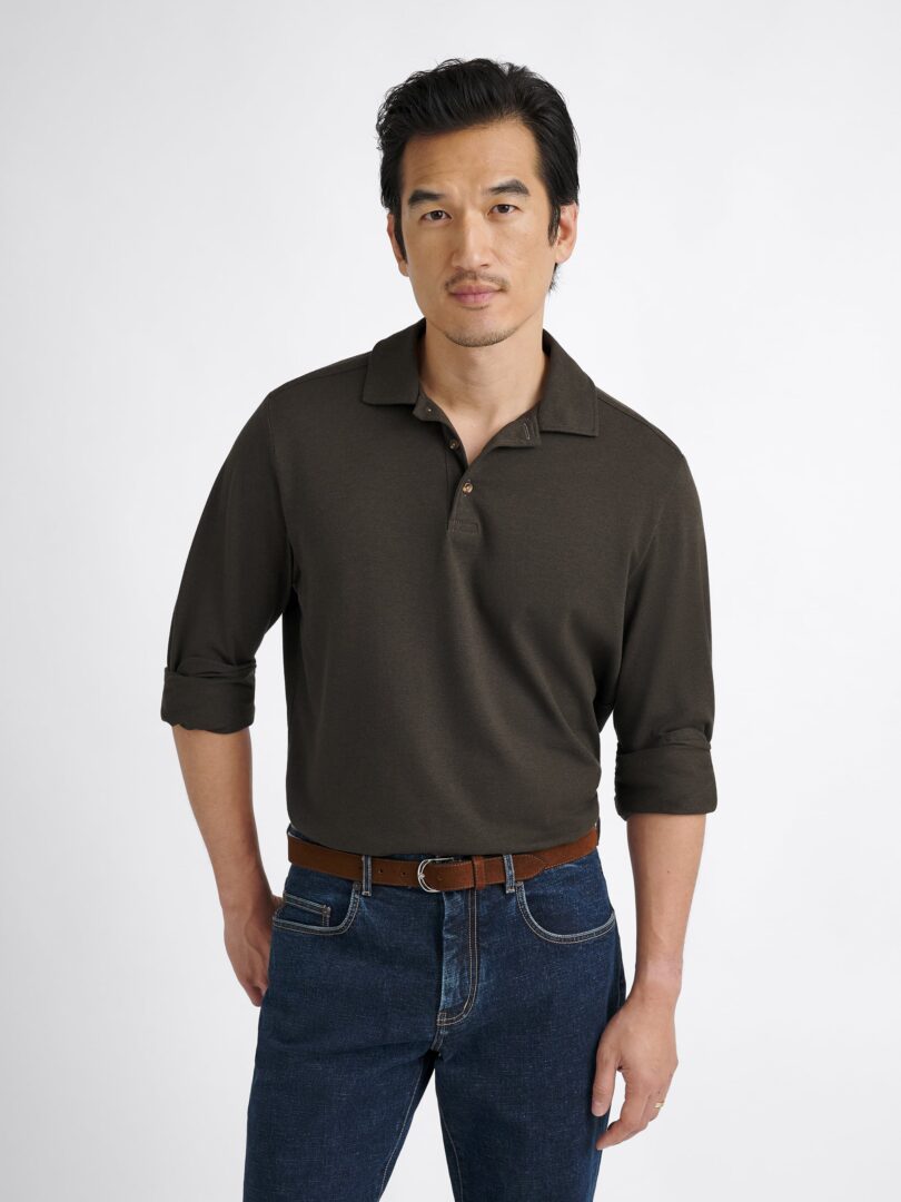 Pine Melange Italian Easy Care Long Sleeve Polo Shirt Thumb Detail