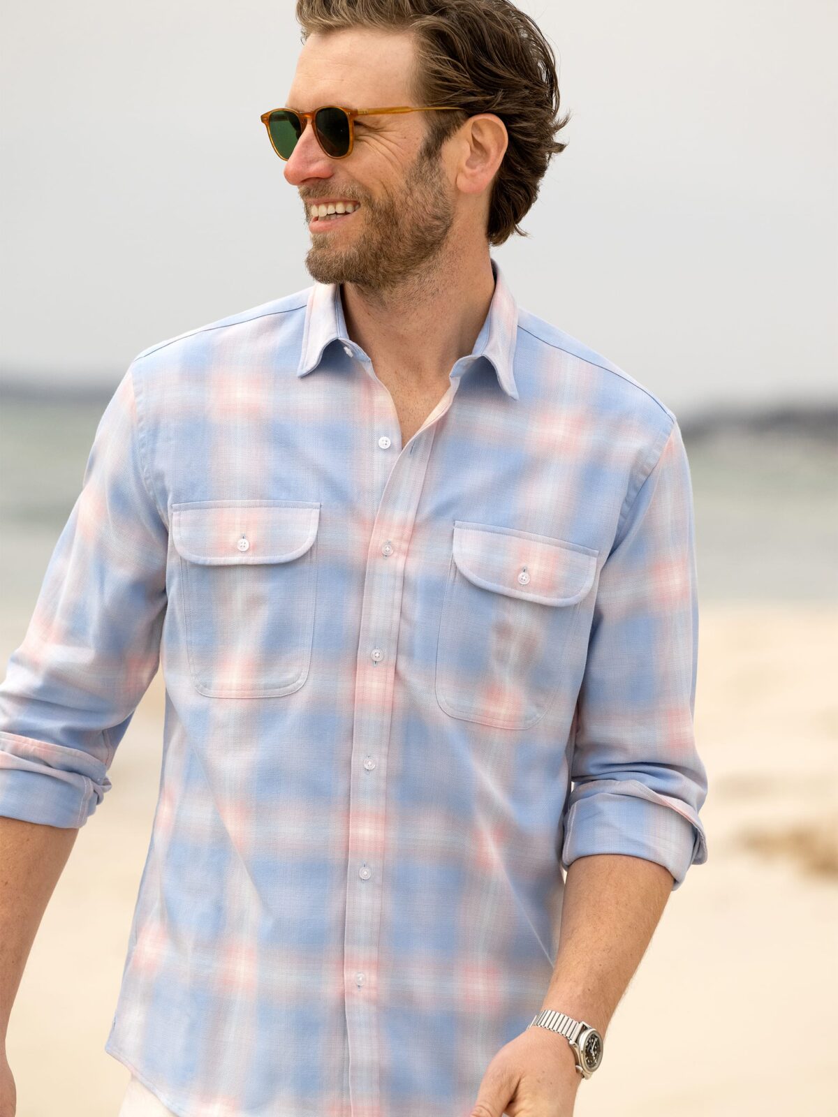Light Blue and Faded Rose Ombre California Plaid Shirt by Proper Cloth
