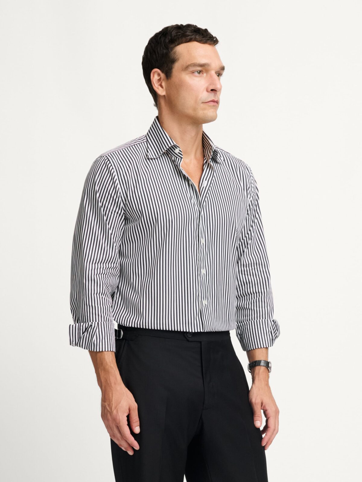 Thomas Mason Luxury Black and White Stripe Italian Spread Collar Shirt