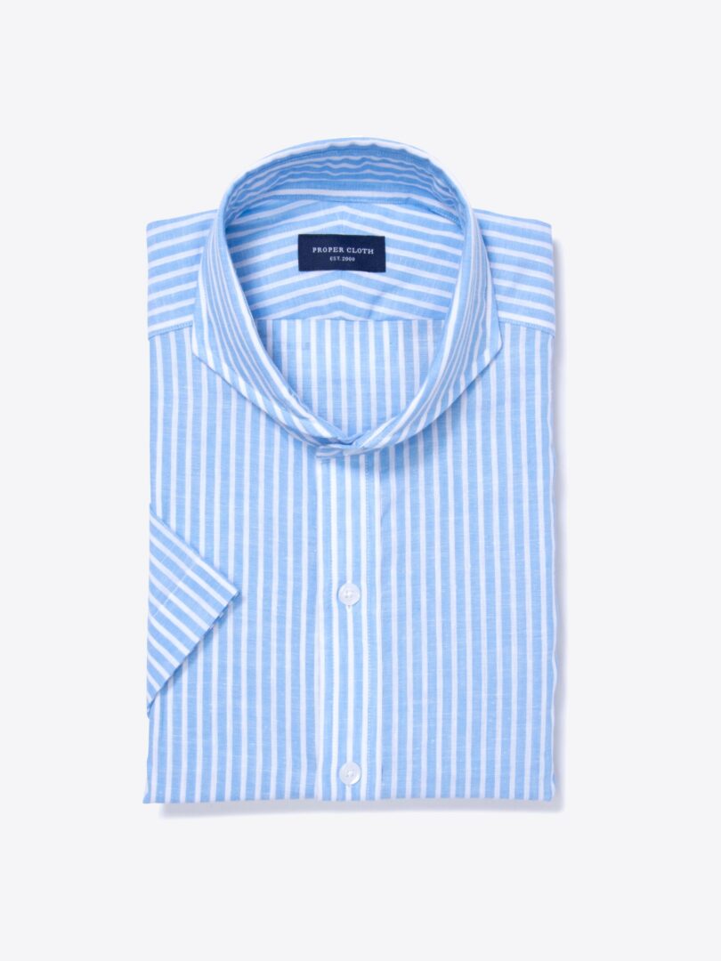 Light Blue Cotton Linen Stripe Fitted Shirt 