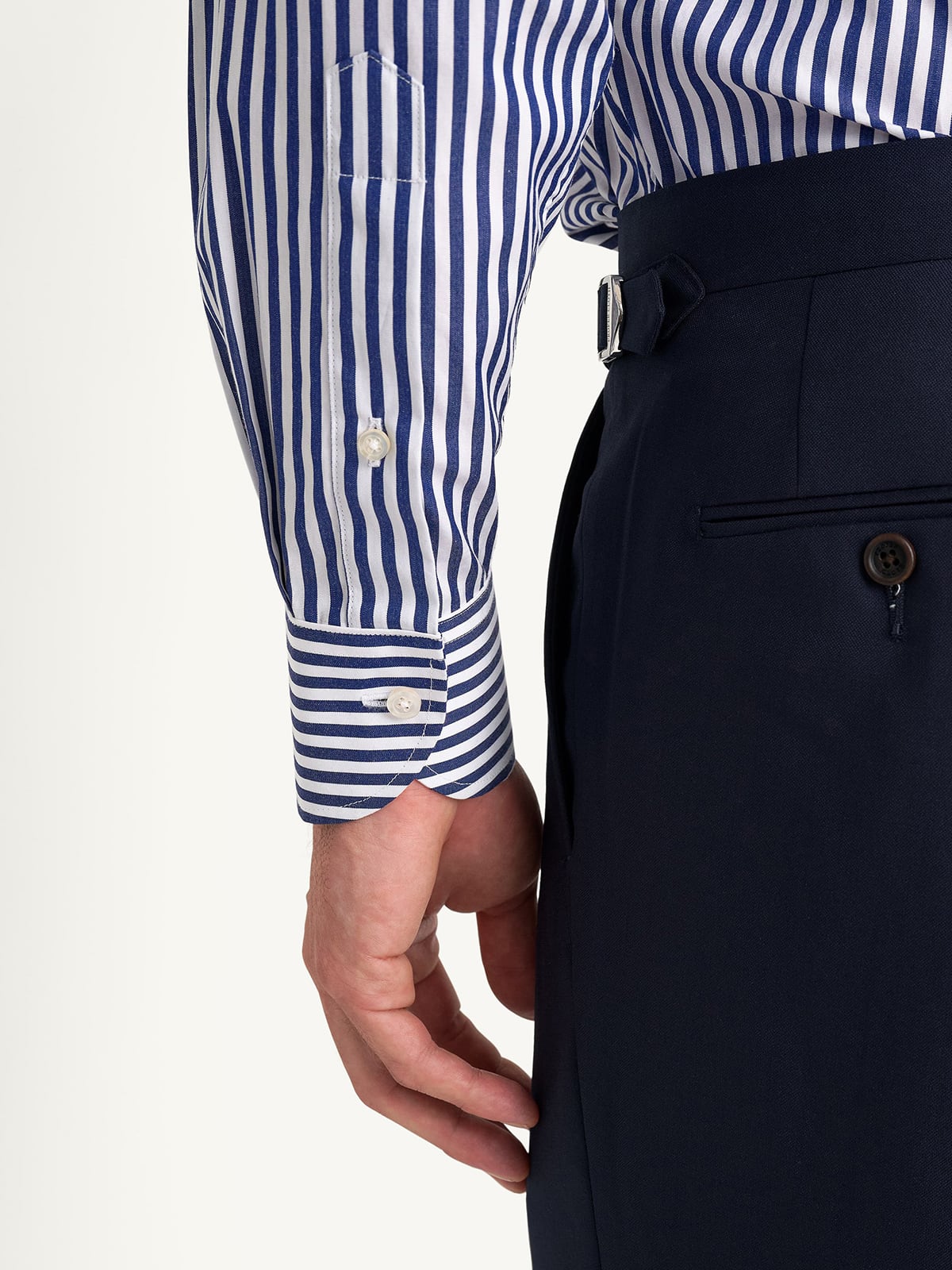 The Stanton Broadcloth Dress Shirt in Navy Wide Bengal Stripe