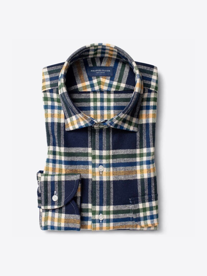Navy Green and Yellow Plaid Country Flannel Custom Dress Shirt 