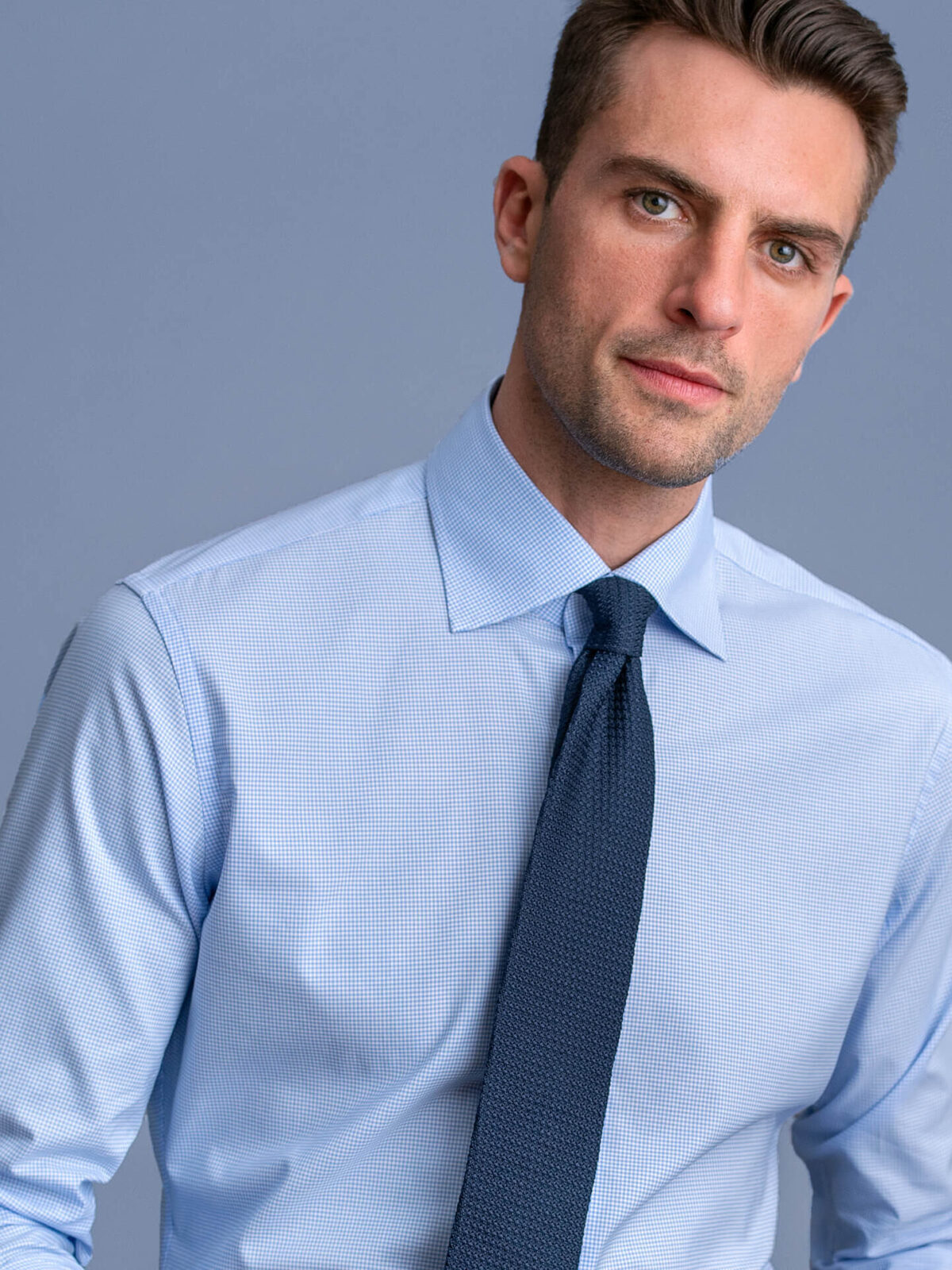 blue checkered dress shirt with tie Navy Check Custom Dress Shirt main image 1