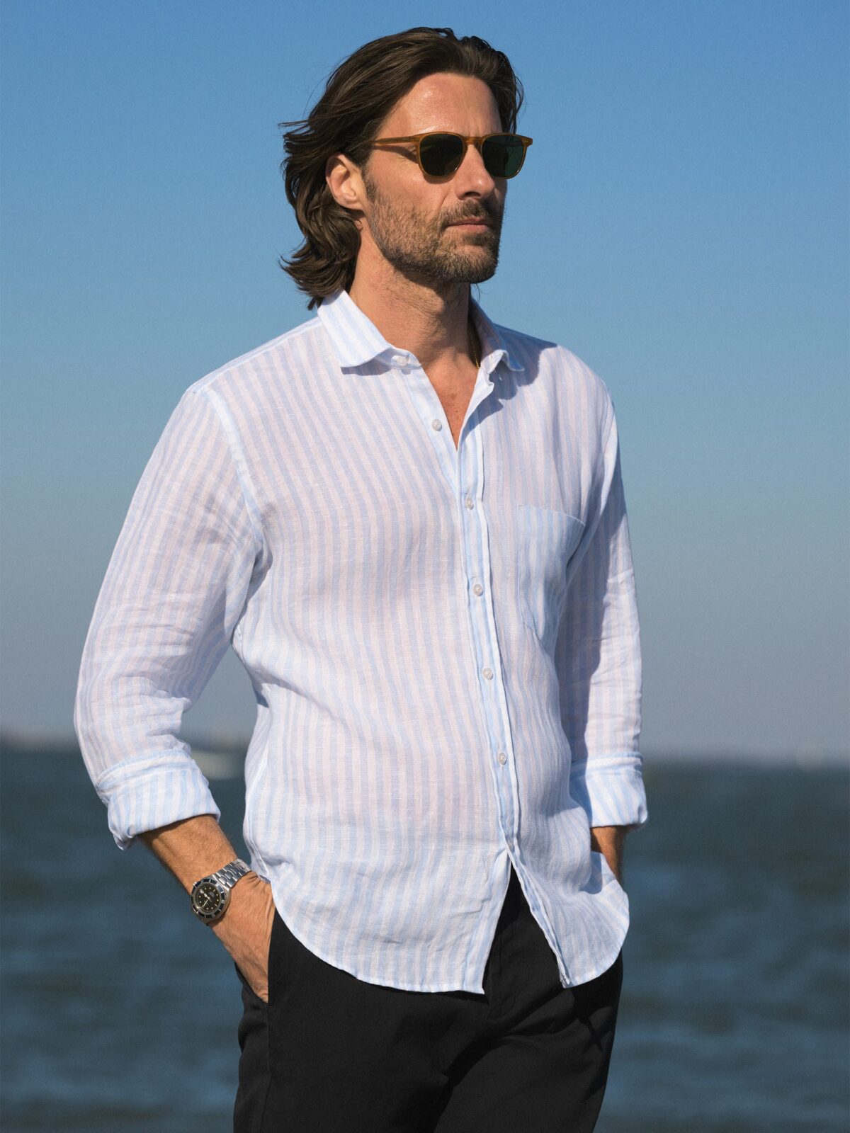 Baird McNutt Light Blue Wide Stripe Irish Linen Shirt