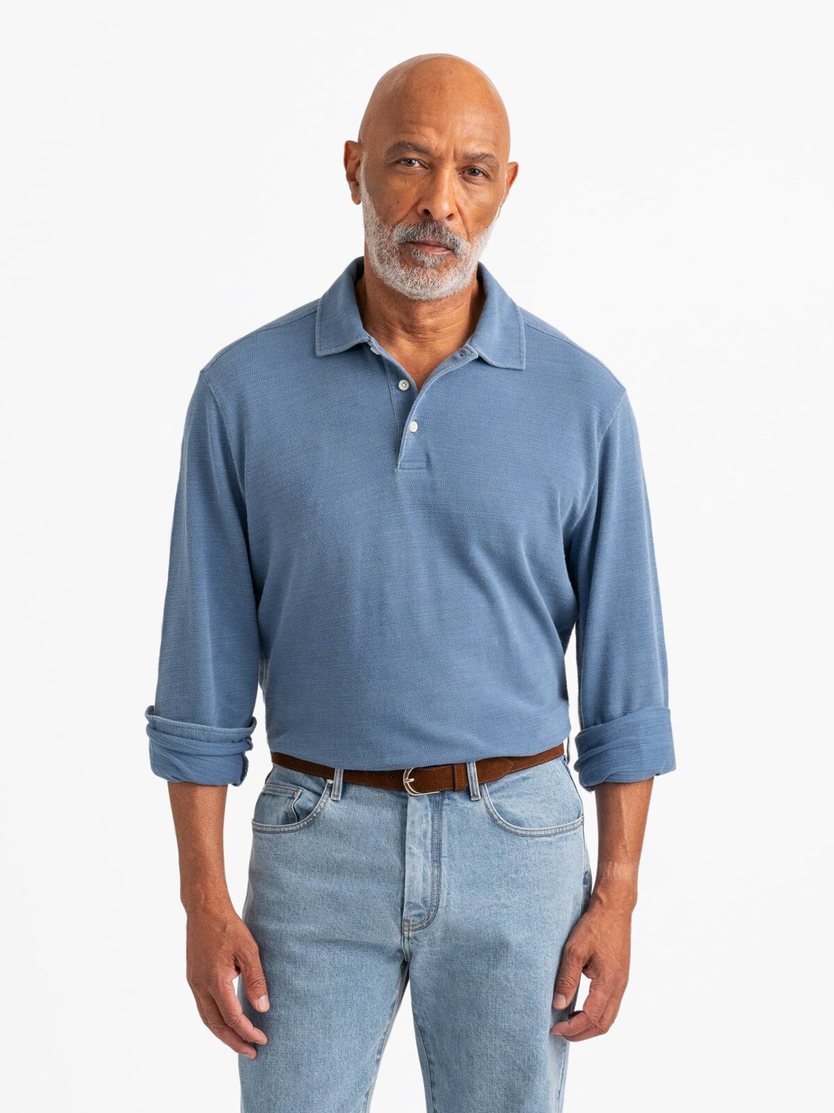 The Italian Long Sleeve Pique Polo Shirt in Light Wash Indigo