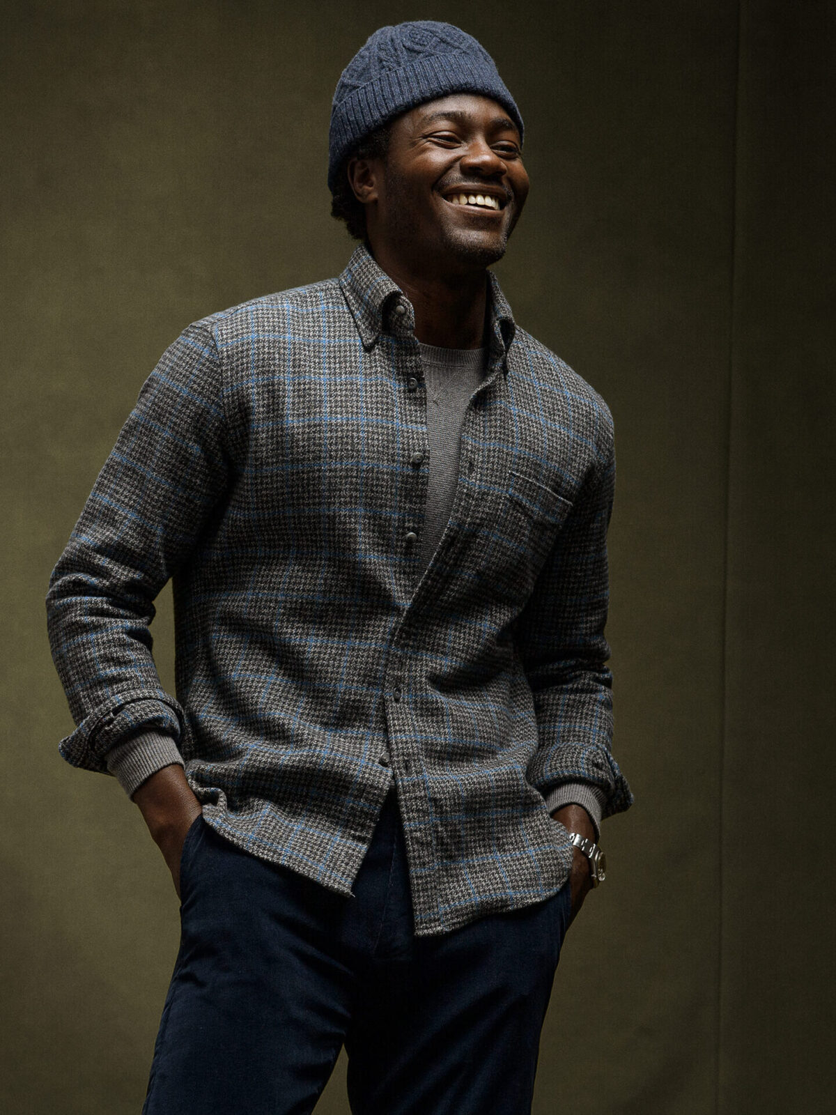 Japanese Grey and Blue Windowpane Low Twist Check Shirt by