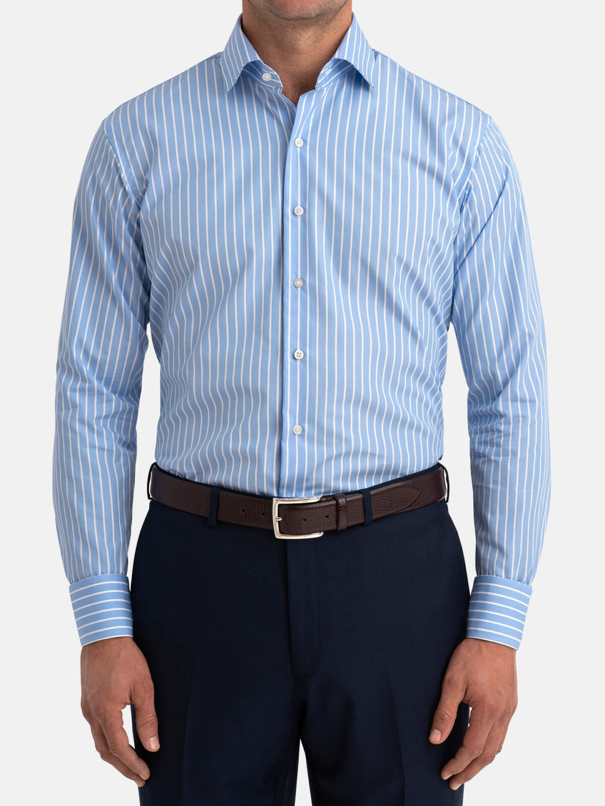 Stanton 120s Light Blue Wide Reverse Stripe Fitted Dress Shirt