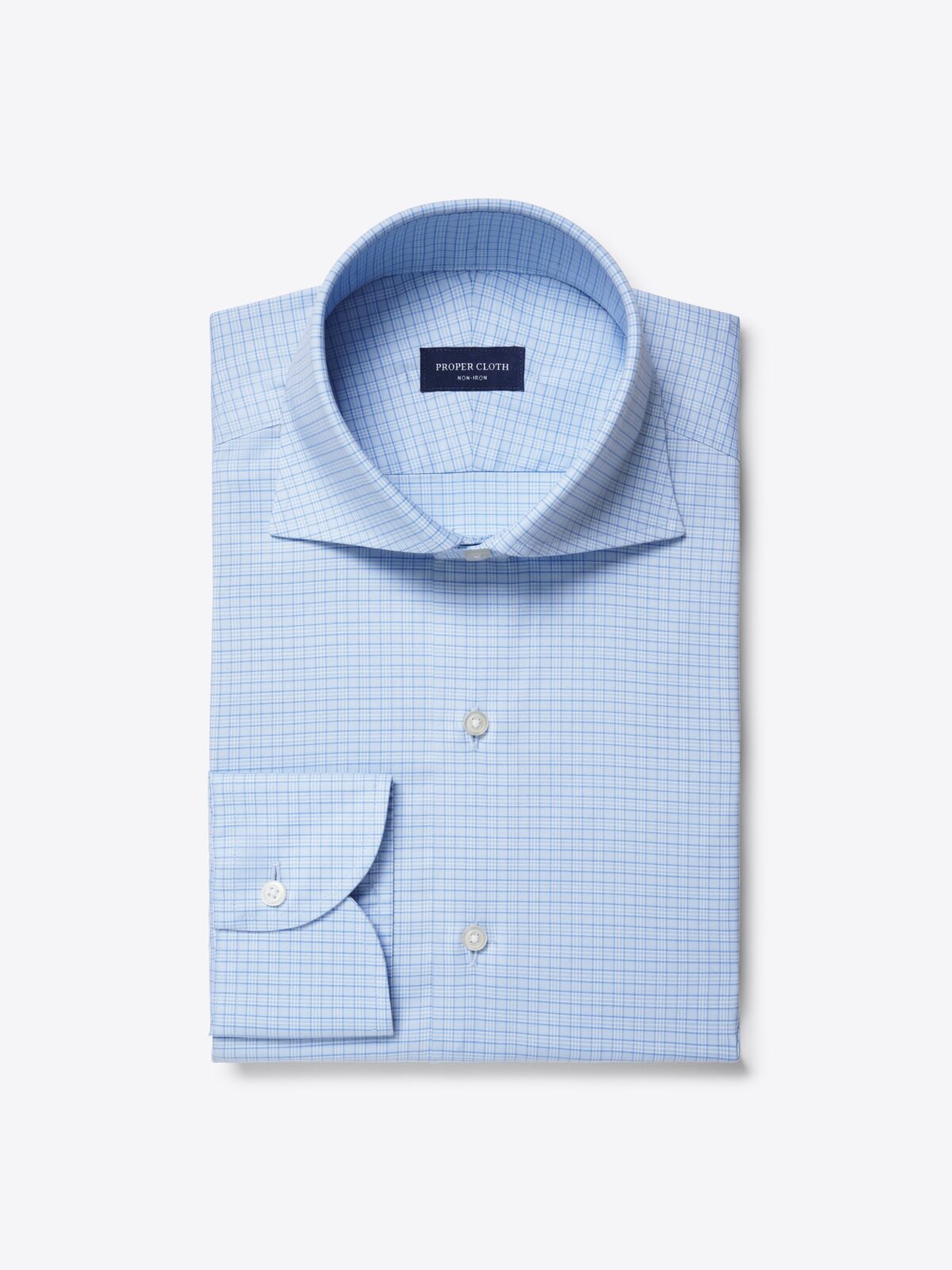 Proper Cloth Men's Non-Iron Stretch Light Blue Small Check Cutaway Custom Dress Shirt - Blue, Size: 16, Regular, Cotton, image size:1200x1600