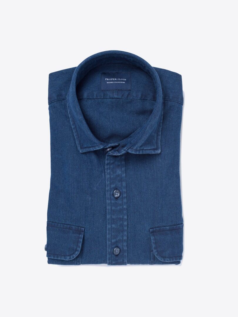 Albiate Washed Indigo Herringbone Custom Dress Shirt 