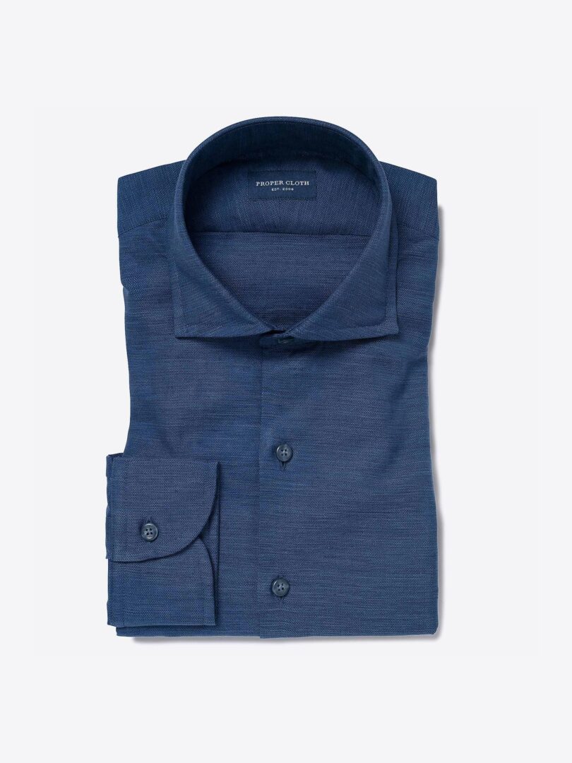 Thomas Mason Navy Cotton and Linen Dobby Fitted Dress Shirt 