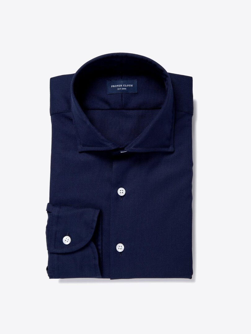 Thomas Mason Navy Woven Pique Dress Shirt 