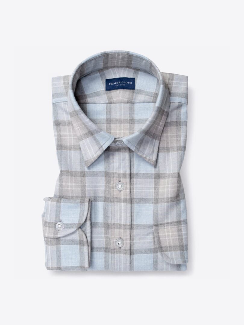 Glacier and Light Grey Plaid Cotton and Wool Flannel 