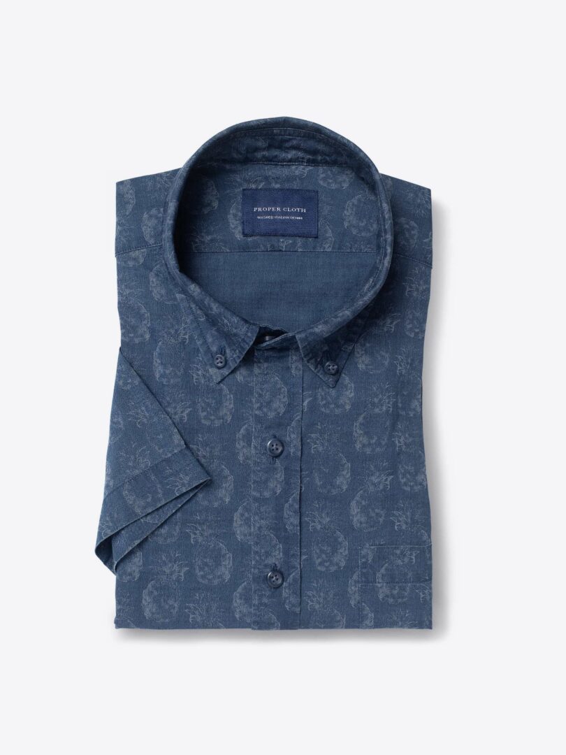 Albiate Washed Indigo Pineapple Print Short Sleeve Shirt