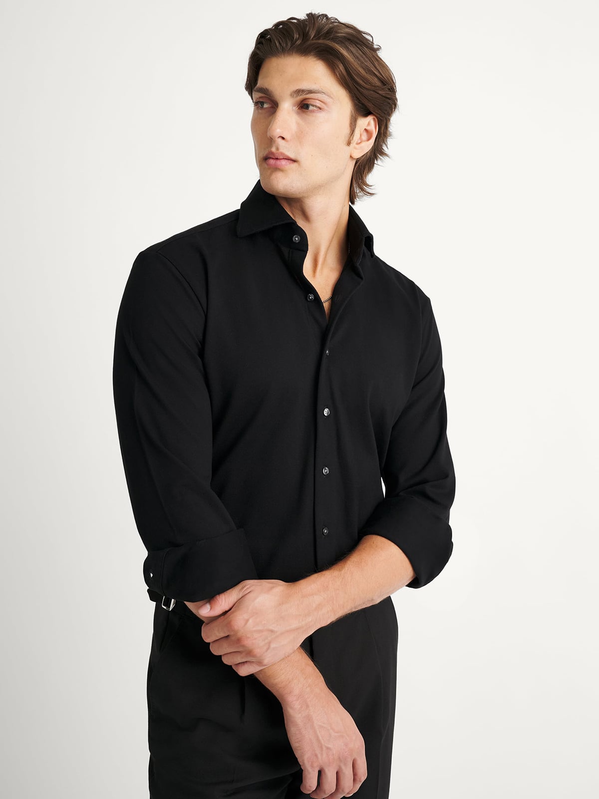 Canclini Black Easy Care Knit Pique Cutaway Collar Shirt