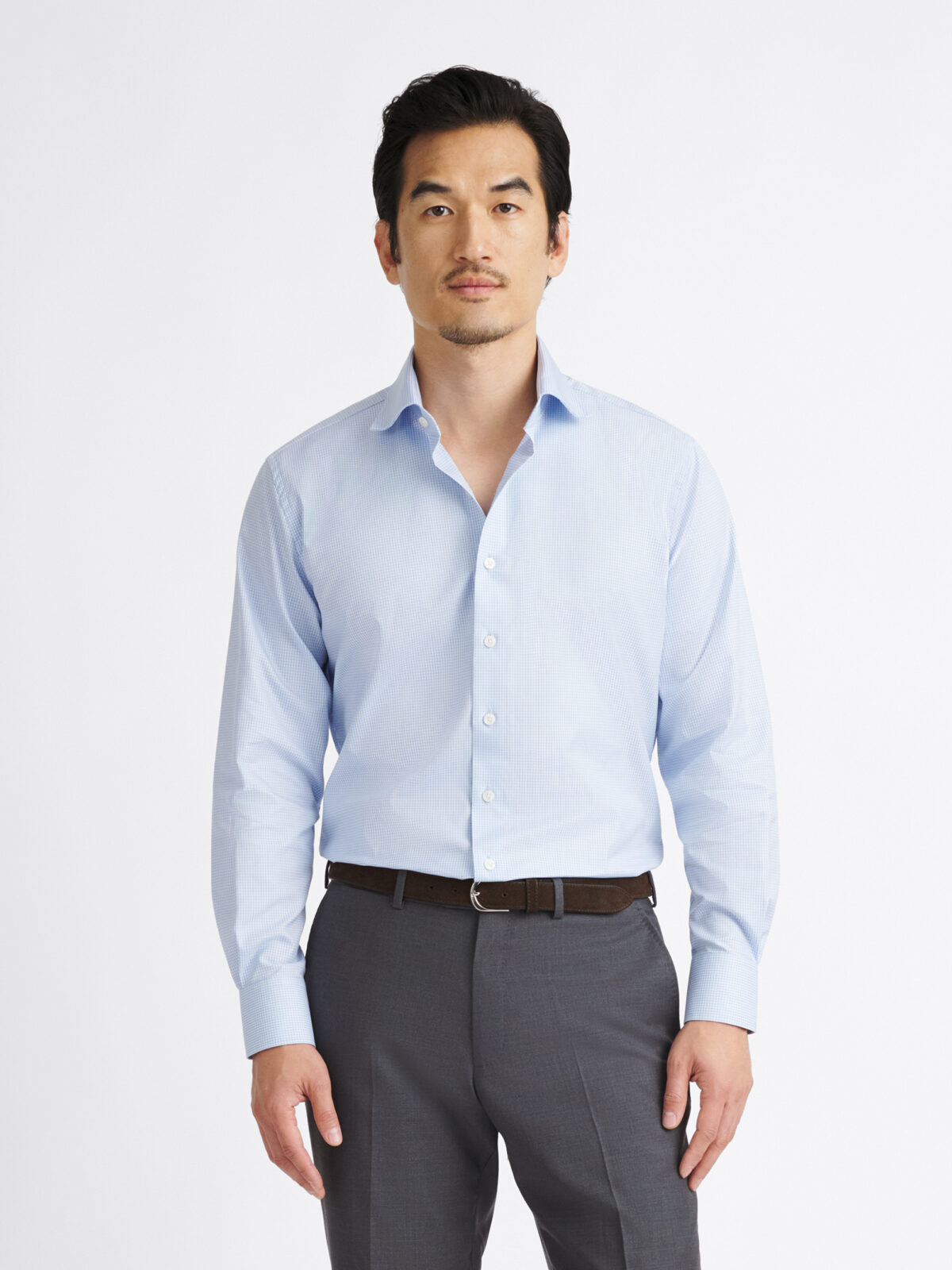 シャツ/ブラウス(長袖/七分) THOMAS MASON Mini Collar Shirt(BLUE) ALBINI×THOMAS MASON 丸襟7分袖シャツ 001×021 ホワイト×ブルーダブル