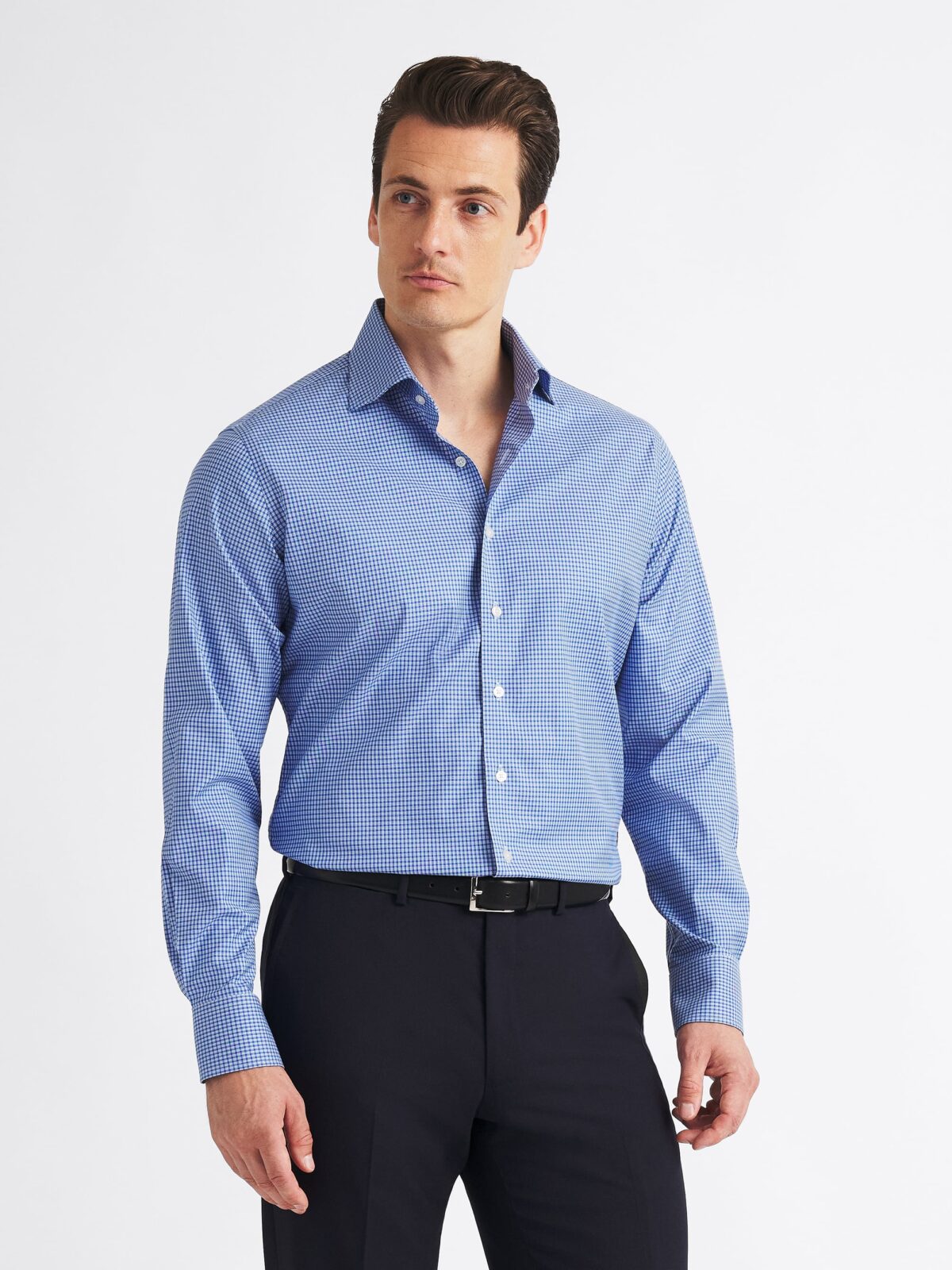 Thomas Mason Wrinkle-Resistant Stretch Dark Blue Small Check Shirt