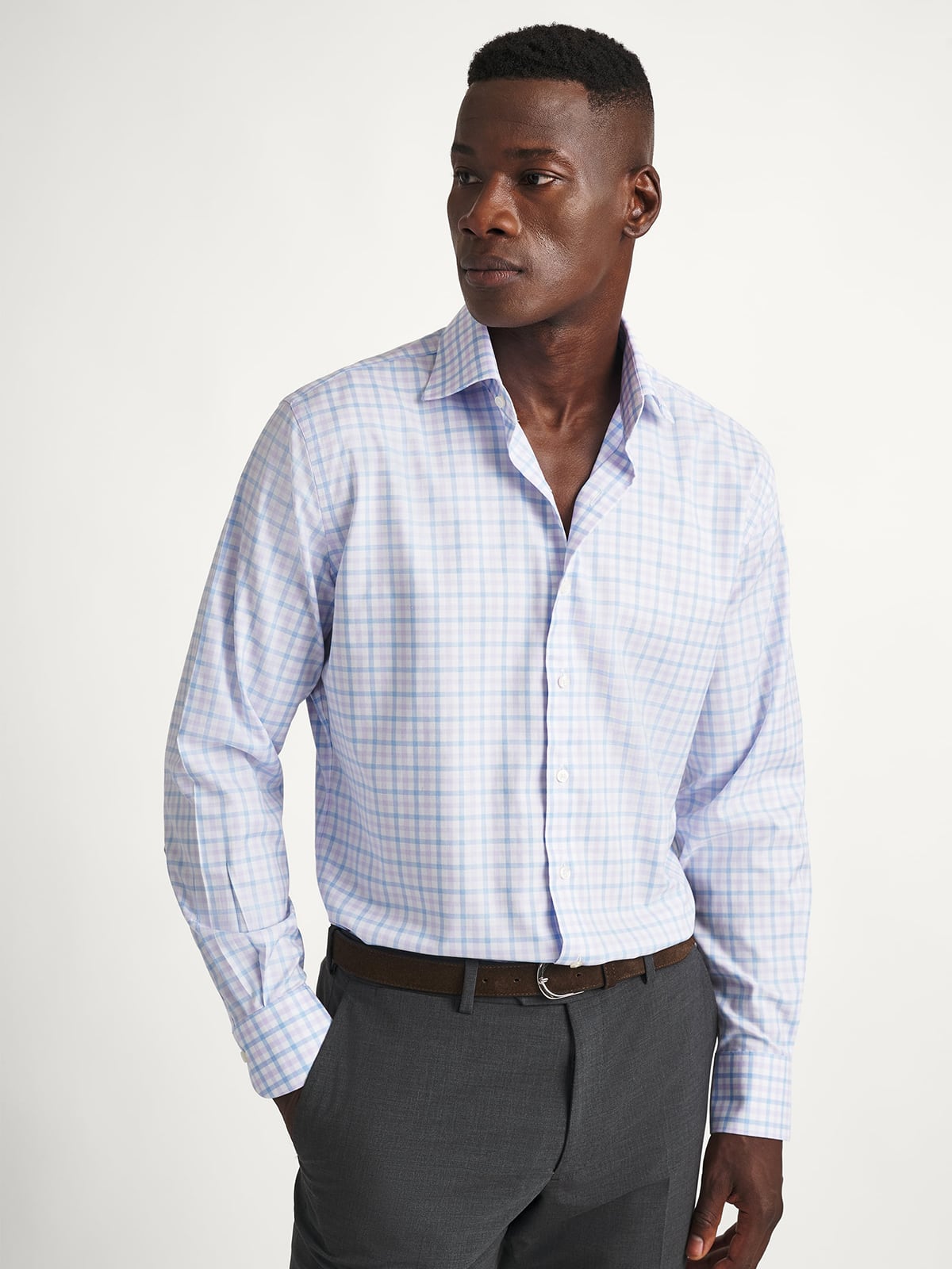 The Stretch Non-Iron Shirt in Blue and Lilac Multi Check