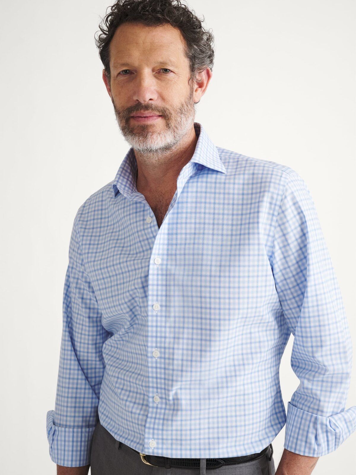 The Thomas Mason Non-Iron Shirt in Navy and Sky Multi Check