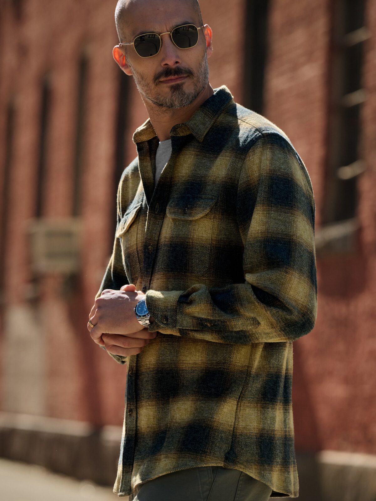 The Japanese Low Twist Shirt in Gold and Grey Ombre Plaid