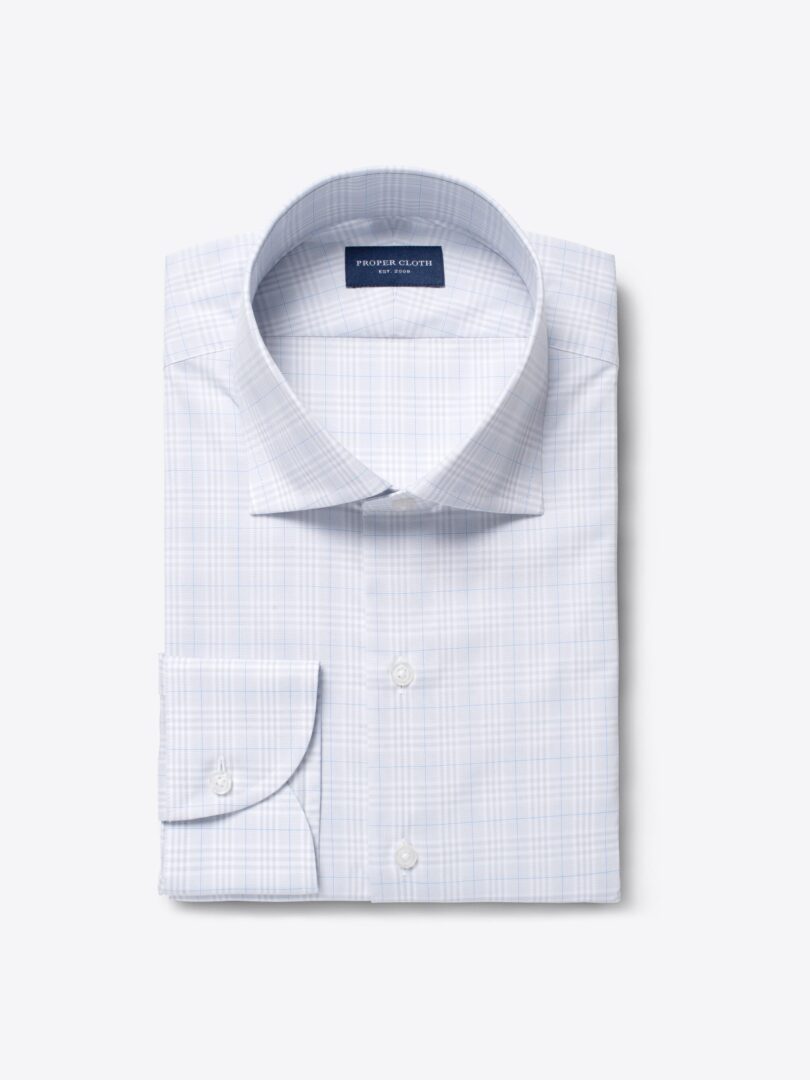Alden 120s Grey and Blue Prince of Wales Check Fitted Shirt 