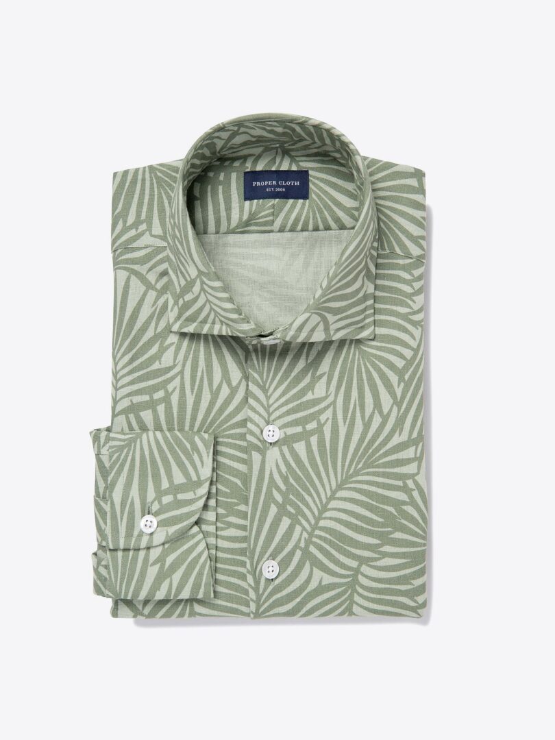 Sage Leaf Print Cotton Linen Blend Fitted Dress Shirt 