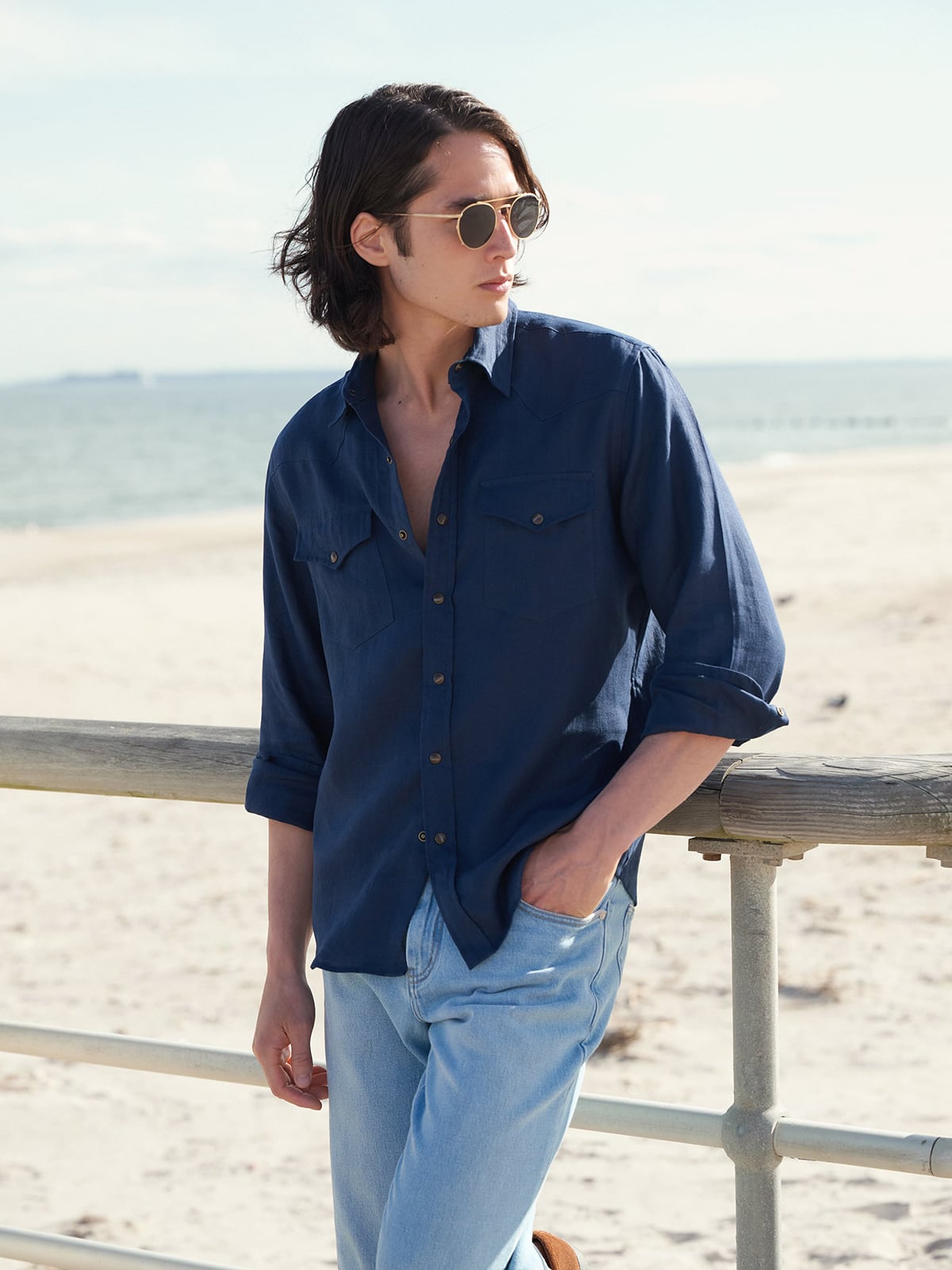 Baird McNutt Navy Irish Linen Western Shirt Shirt Baird McNutt Navy Irish Linen Western Shirt Shirt