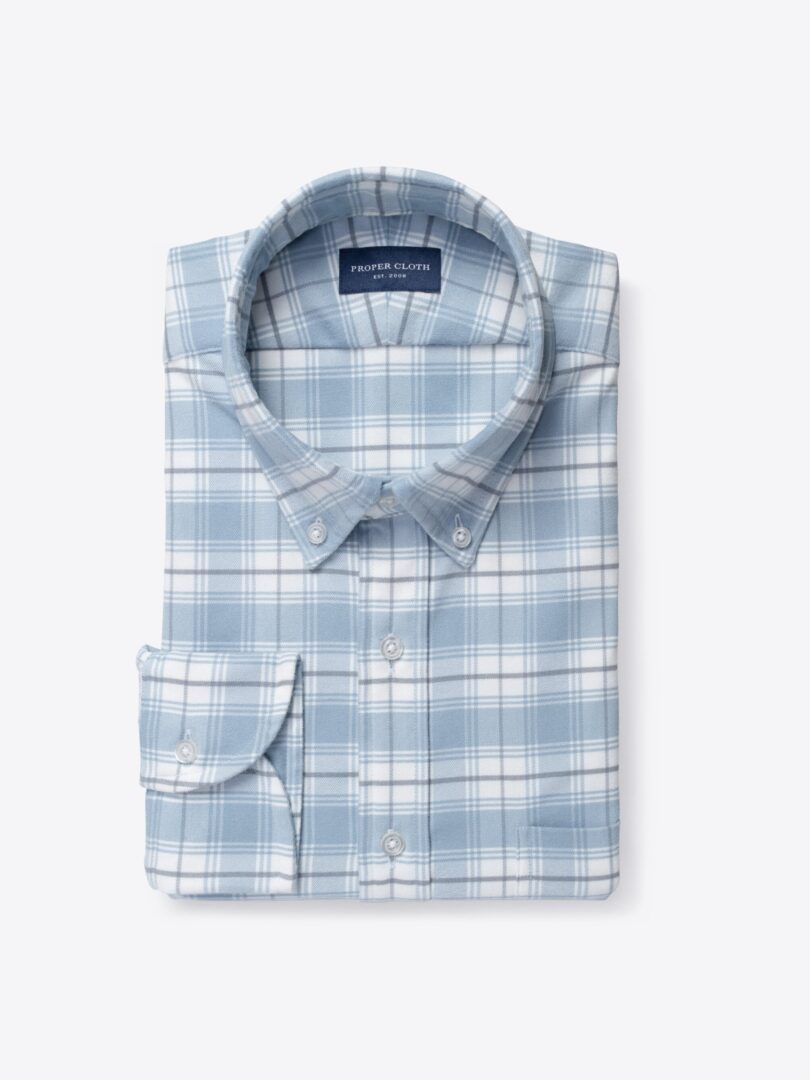 Performance Light Blue Plaid Stretch Flannel Custom Made Shirt 