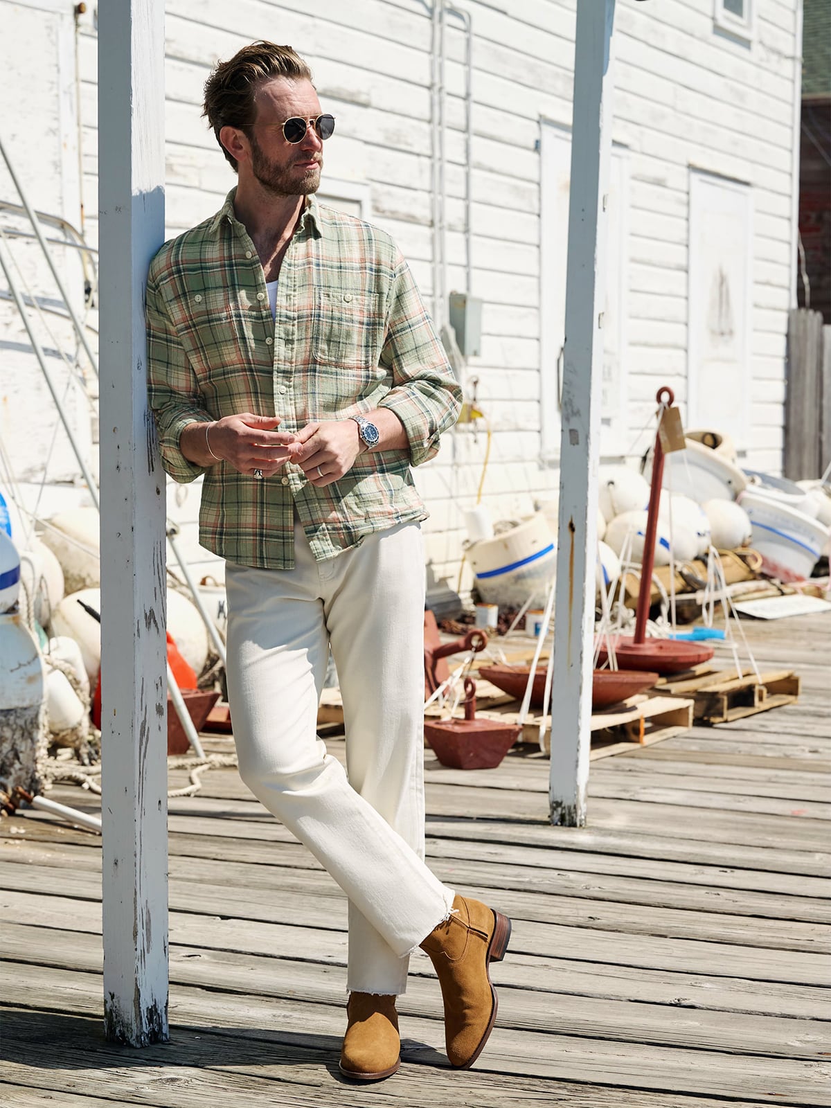 Sedona Sage Navy and Salmon Cotton Linen Plaid Shirt by Proper Cloth