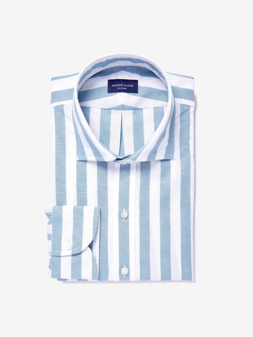 Brunswick Sage Cotton and Linen Stripe Dress Shirt 