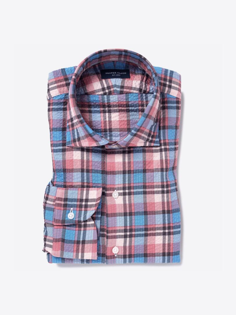Canclini Blue and Faded Red Puckered Plaid Dress Shirt 