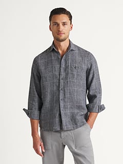 The Italian Linen Melange Shirt in Steel Plaid
