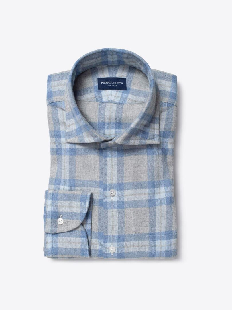 Canclini Light Grey and Blue Plaid Beacon Flannel Custom Made Shirt 