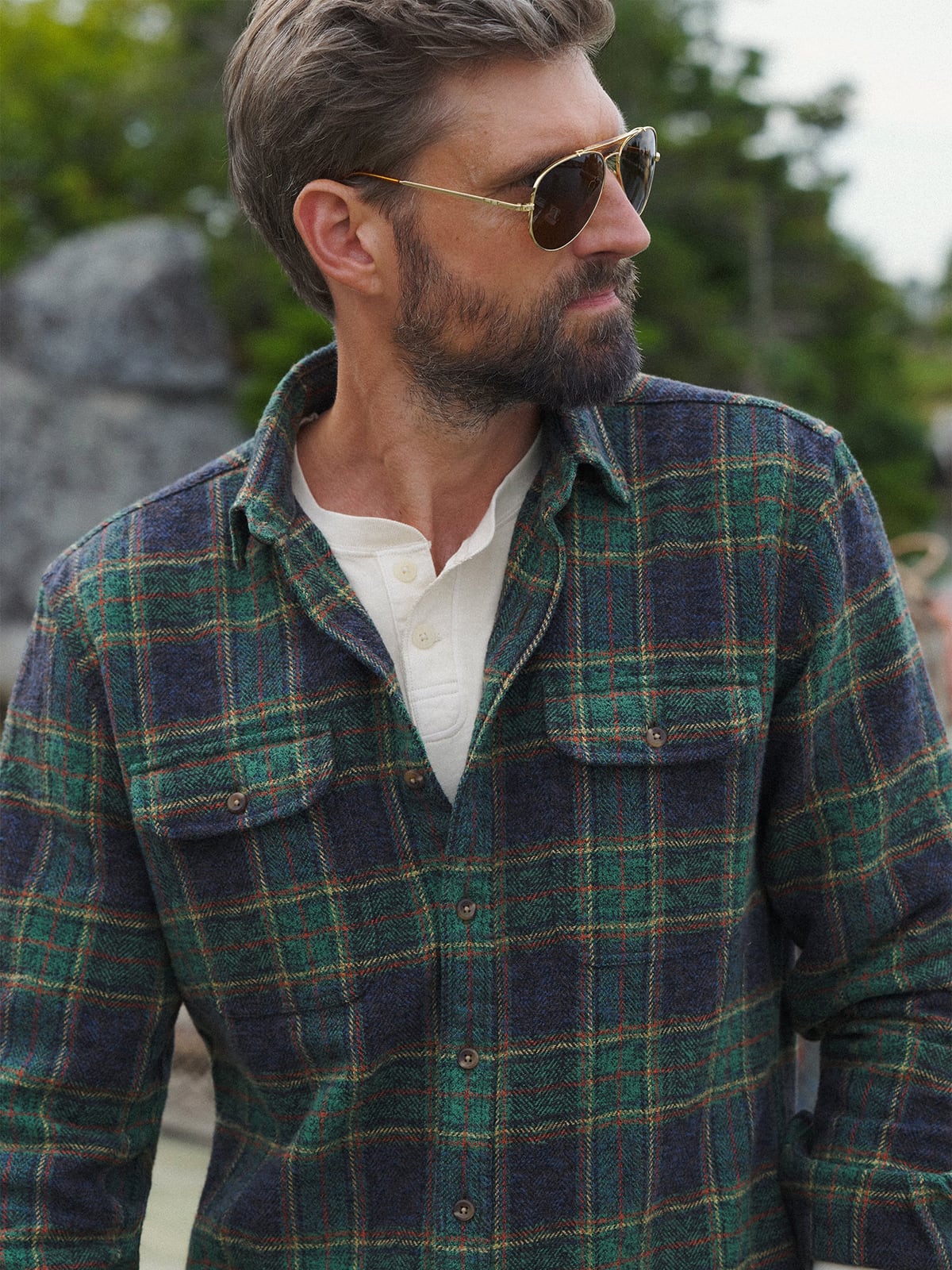 The Low Twist Shirt in Navy Green and Red Plaid