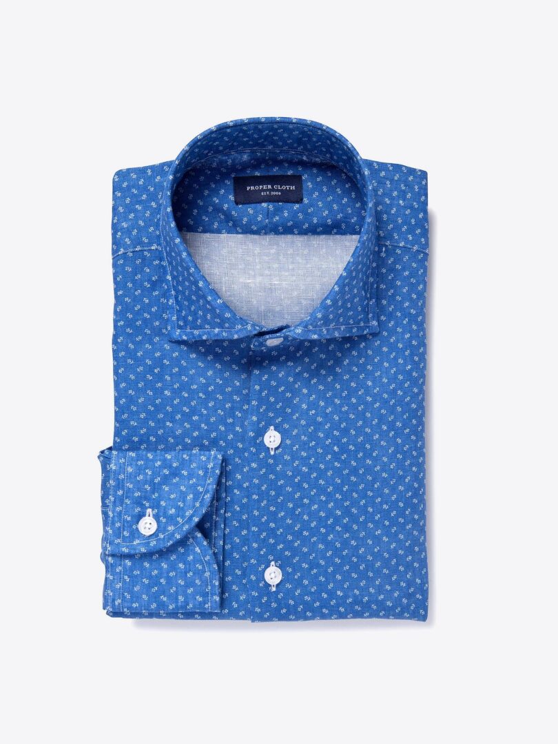 Albini Blue Mini Floral Print Linen Custom Made Shirt 