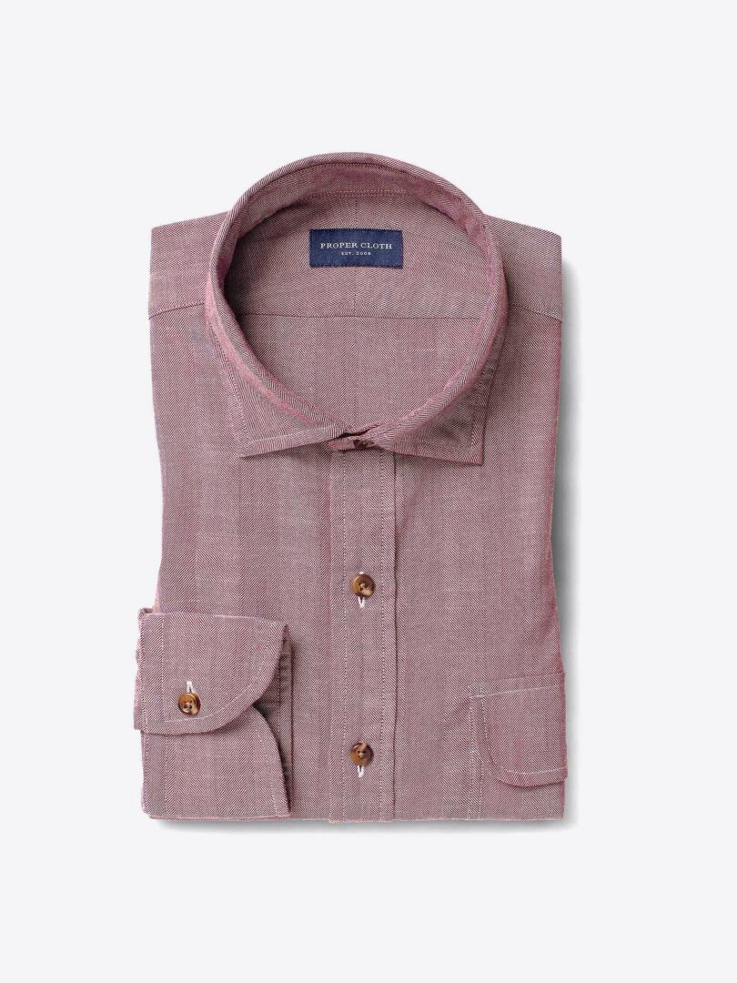 Albini Washed Red Slub Herringbone Fitted Dress Shirt 
