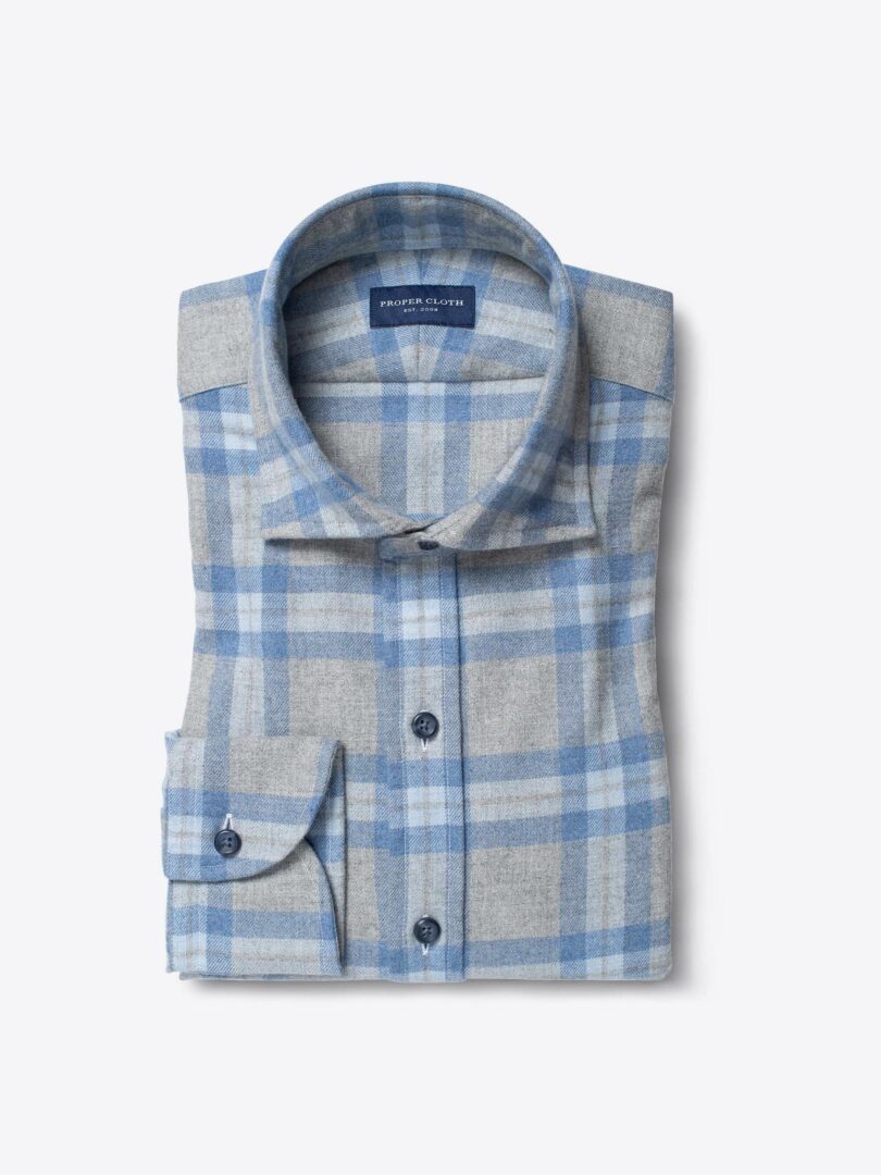 Canclini Light Grey and Blue Plaid Beacon Flannel Fitted Dress Shirt 