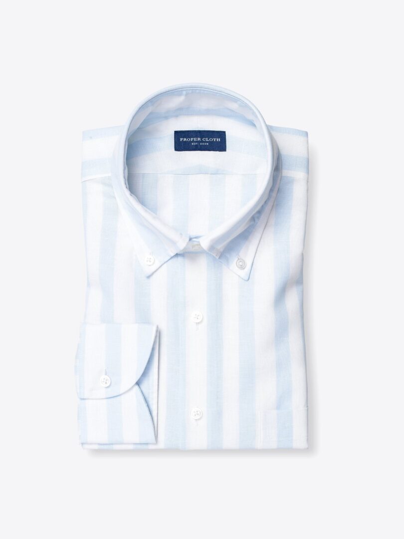 Portuguese Light Blue Wide Stripe Cotton Linen Oxford 