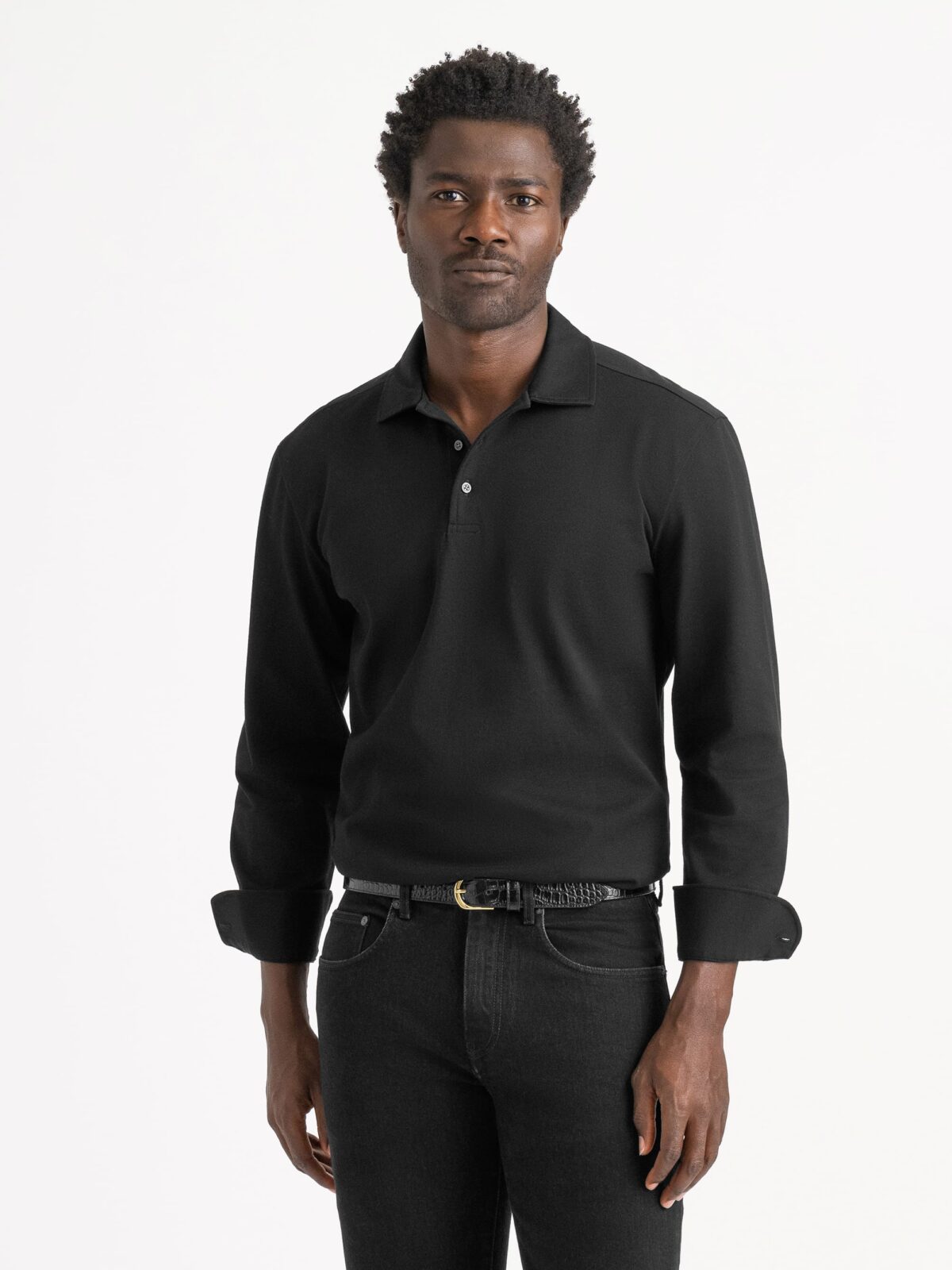 The Italian Long Sleeve Pique Polo Shirt in Black