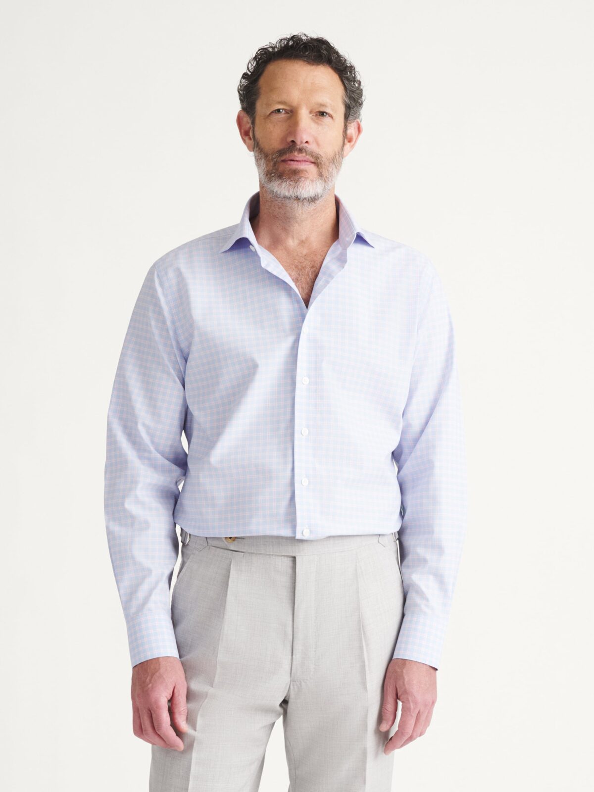The Thomas Mason Non-Iron Shirt in Light Blue and Rose Small Check