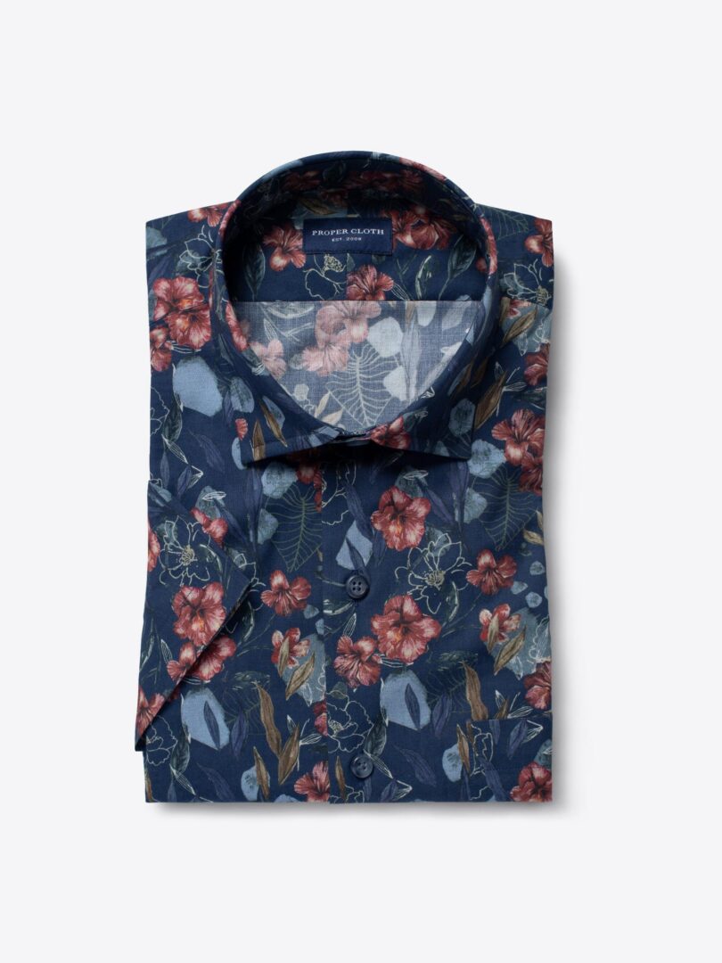 Albiate Royal Blue Large Floral Print Short Sleeve Shirt