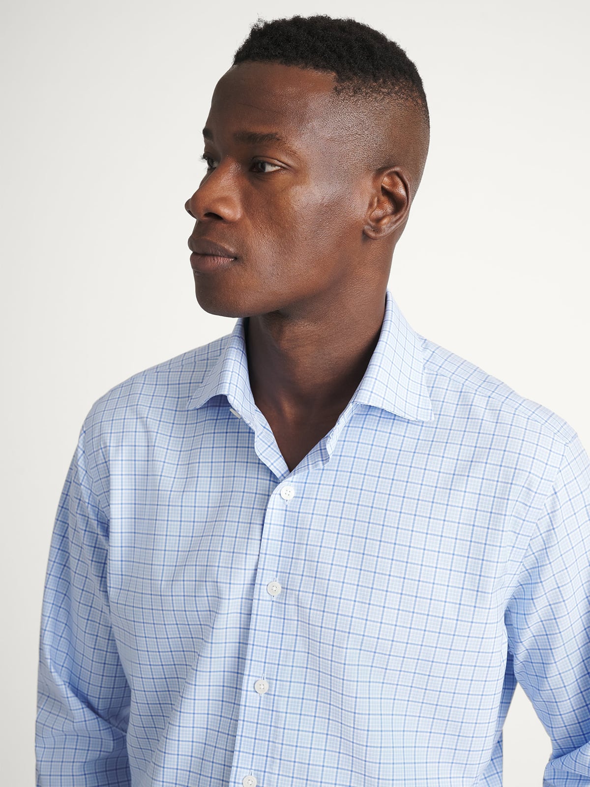 The Thomas Mason Non-Iron Shirt in Light Blue and Navy Multi Check