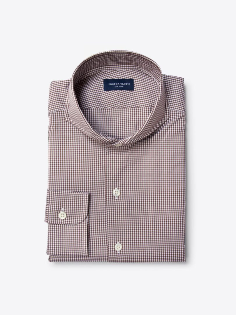 Canclini Brown 120s Mini Gingham Fitted Dress Shirt 