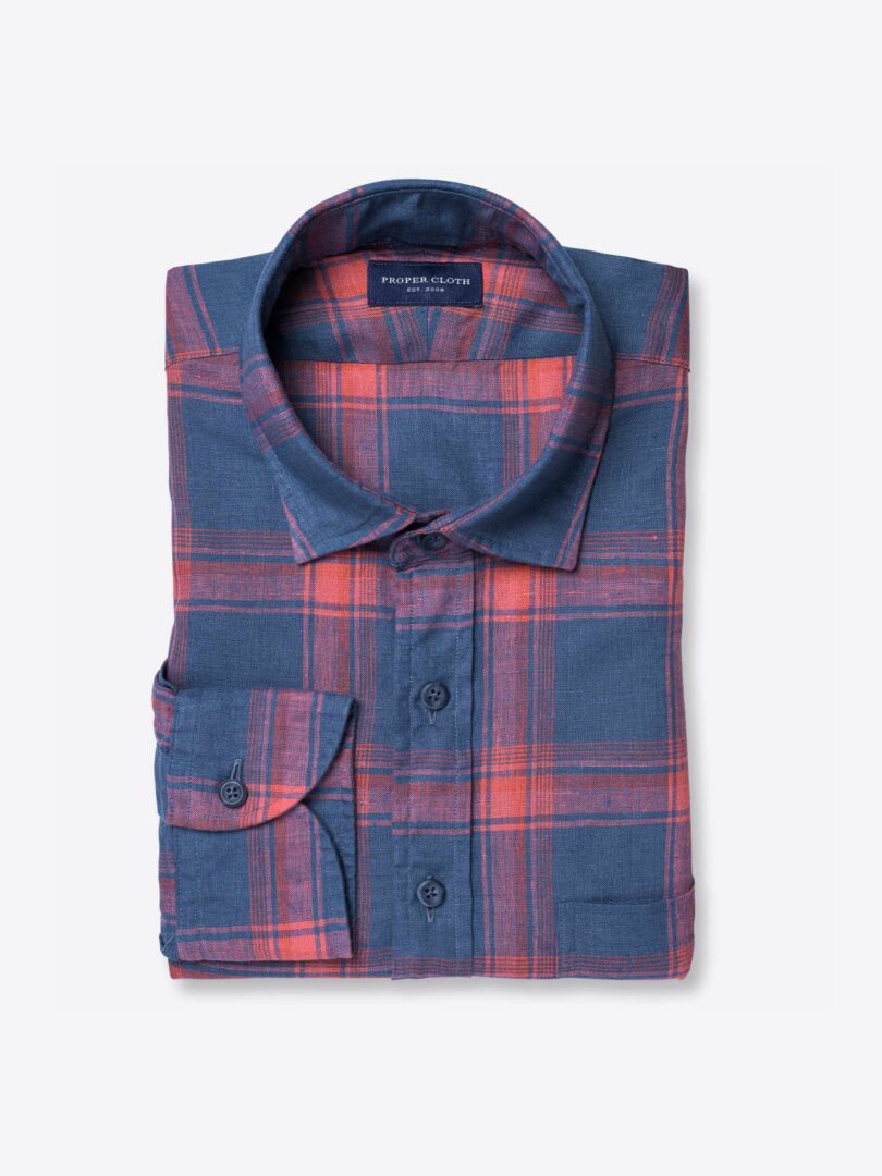 Portuguese Washed Slate and Coral Ombre Plaid Linen 