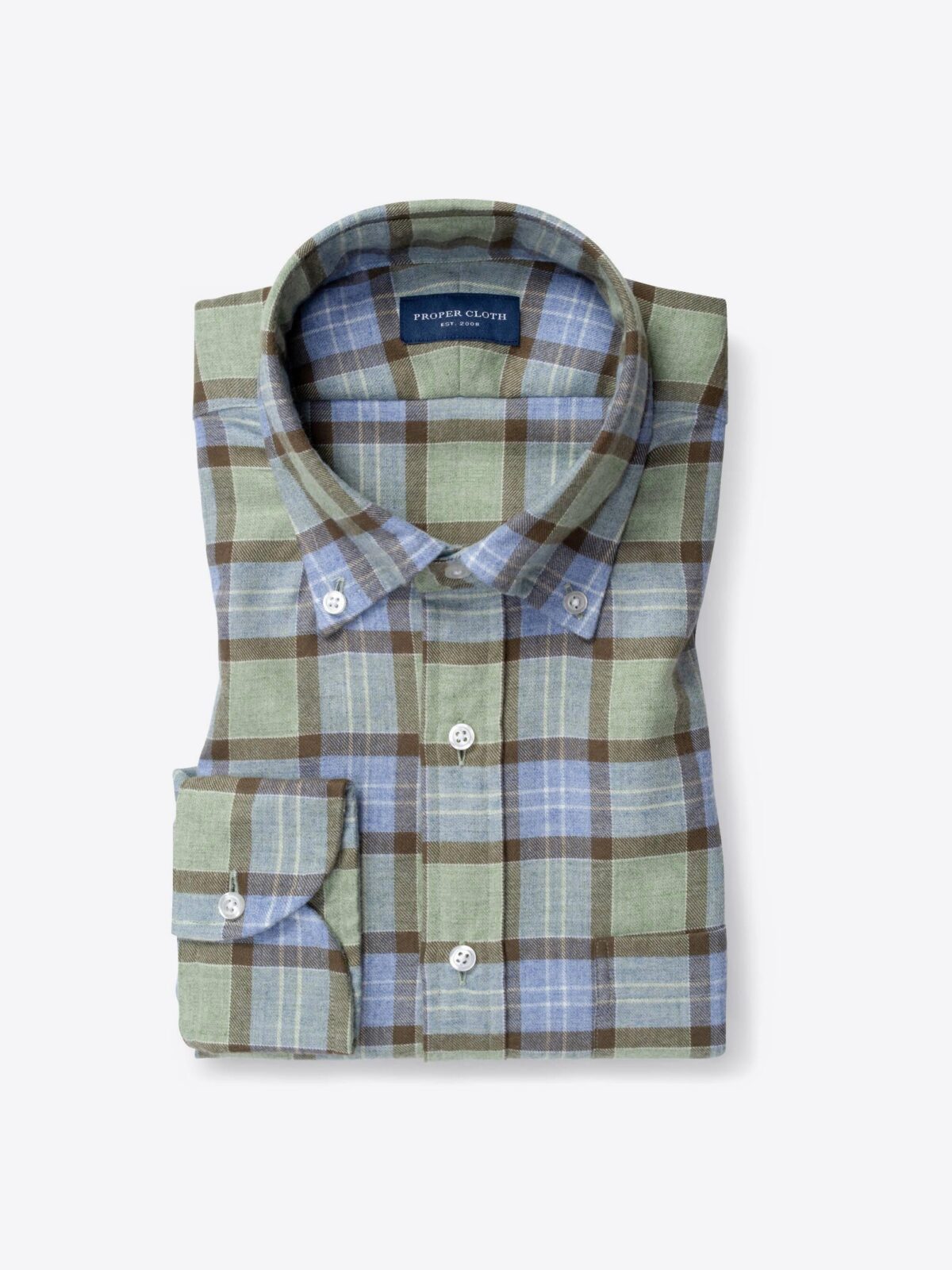 Sage and Blue Plaid Cotton and Wool Flannel Shirt by Proper Cloth