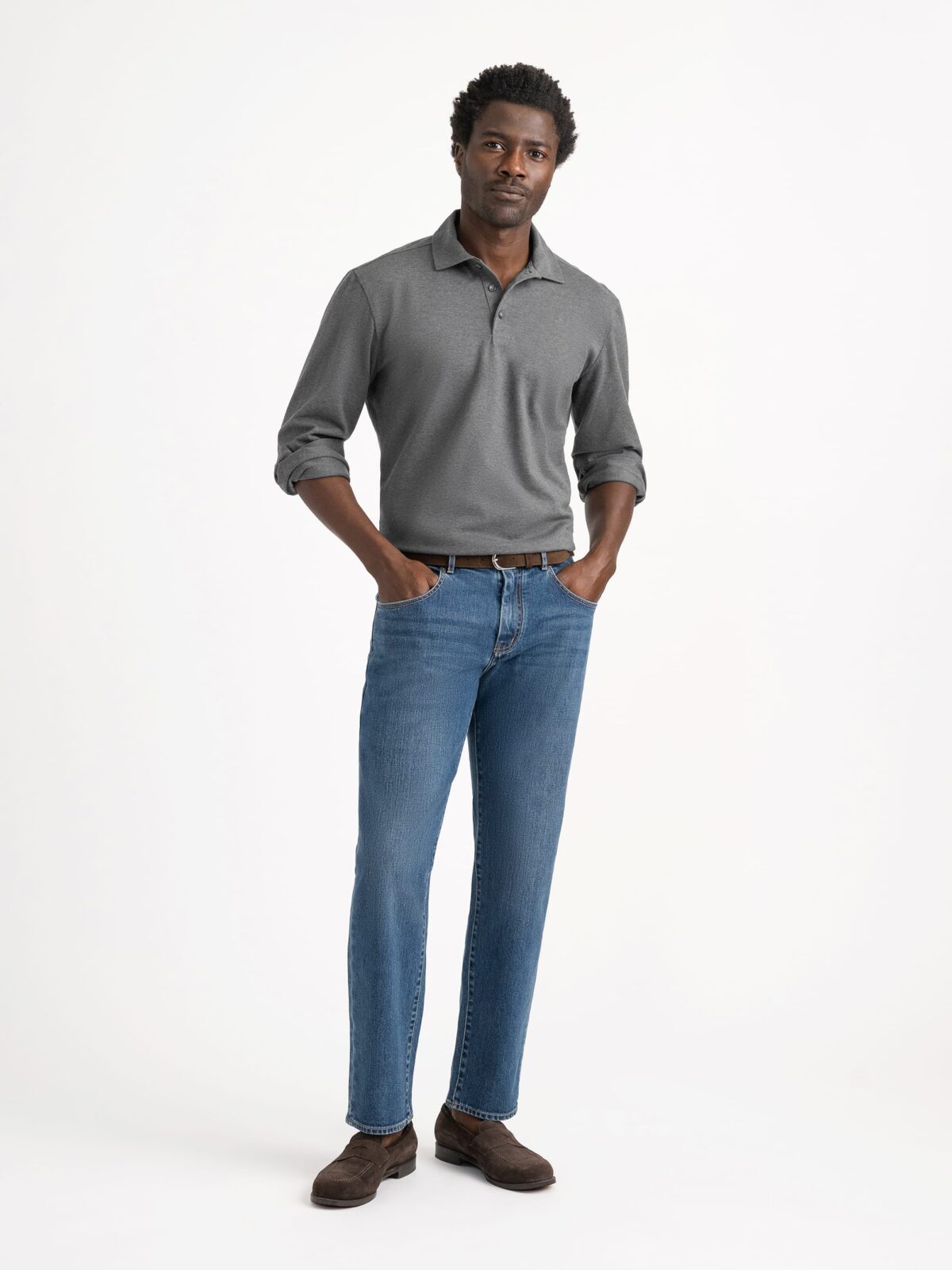 The Italian Long Sleeve Pique Polo Shirt in Charcoal