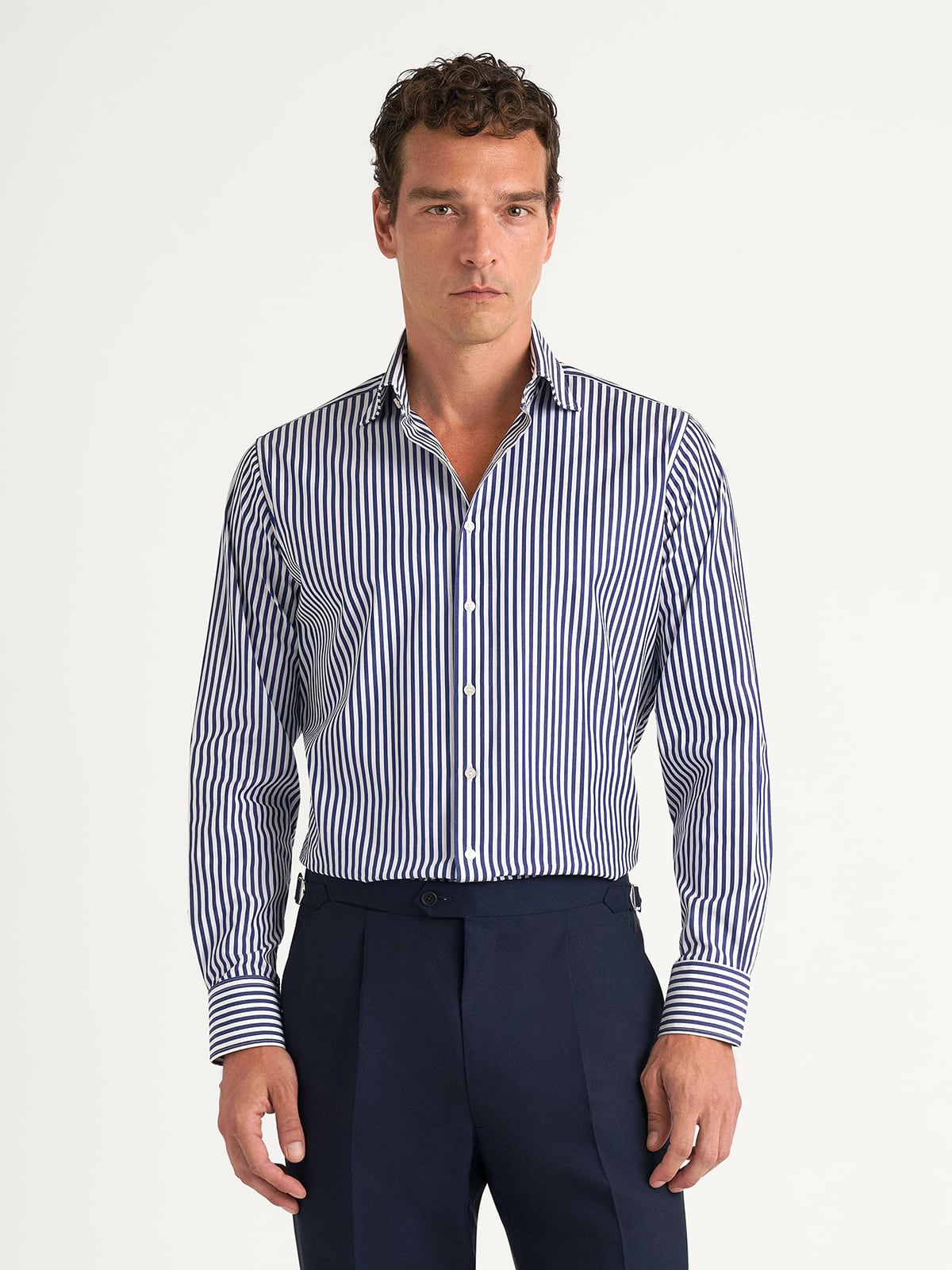 The Stanton Broadcloth Dress Shirt in Navy Wide Bengal Stripe