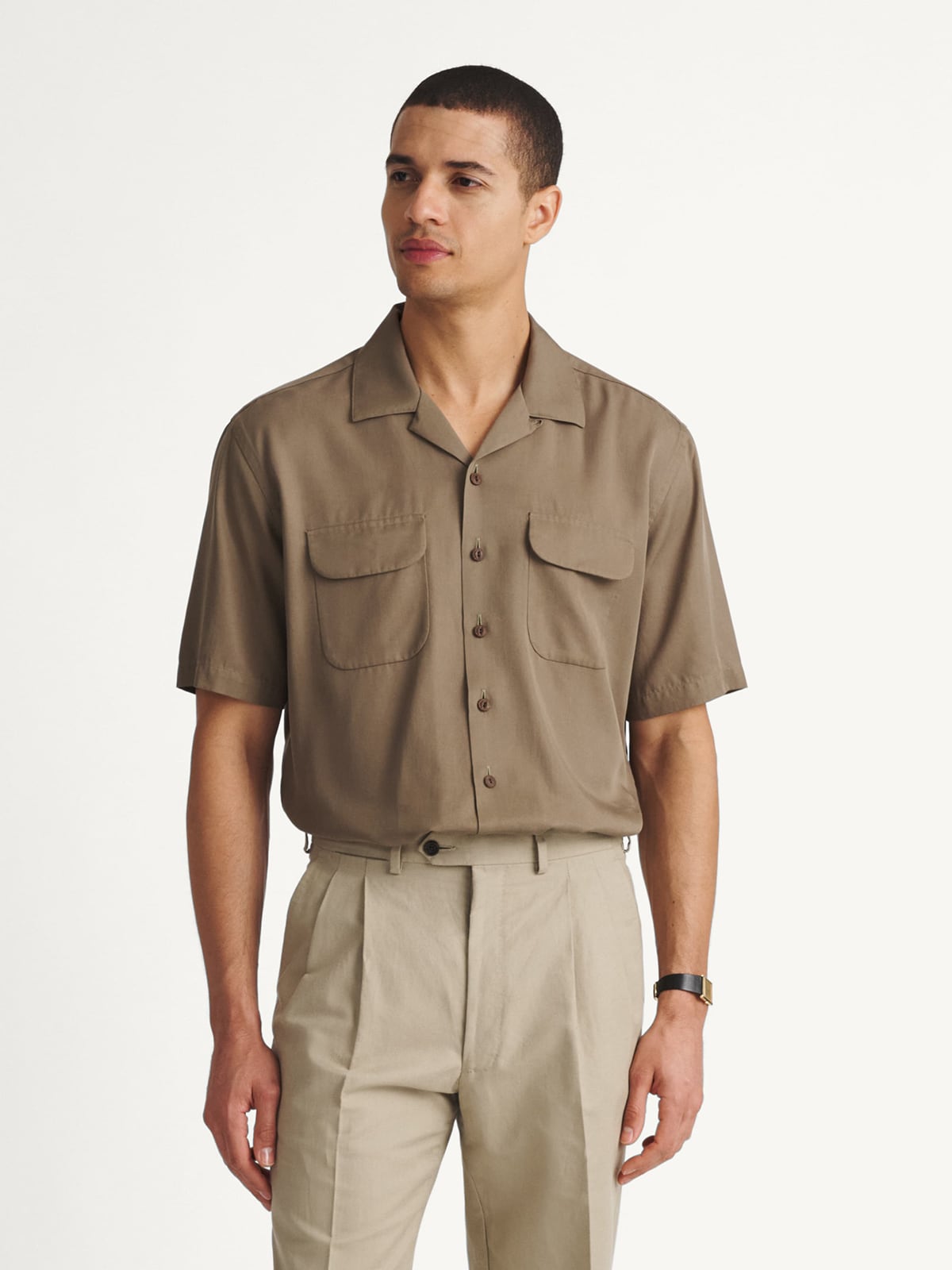 Proper Cloth Men's Laramie Fatigue Tencel Twill Custom Dress Shirt - Brown, Size: 16, Regular, 100% Tencel