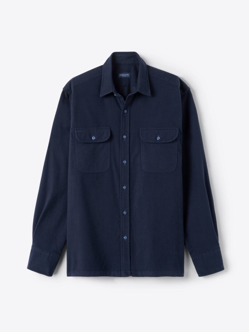 Italian Navy Cotton Blend Stretch Chamois Fitted Dress Shirt 
